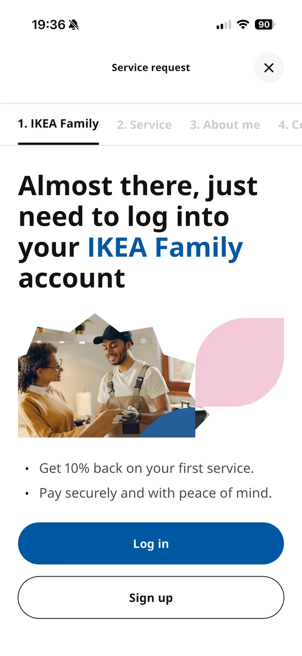 IKEA Family sign-in presented as the first step of a service request