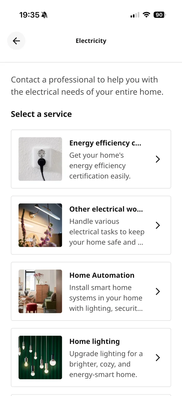 Services within a category — browsing options before choosing